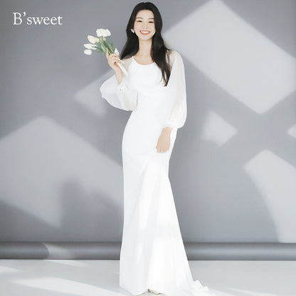 【wd724yj】ロングスリーブシフォンドレス　スレンダーライン