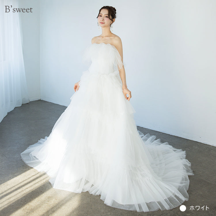 【美品・高級】ウェディングドレス Aライン ビスチェ+トレーン +パニエ wd733yi】フリルビスチェトレーンドレス プリンセスライン – ドレス