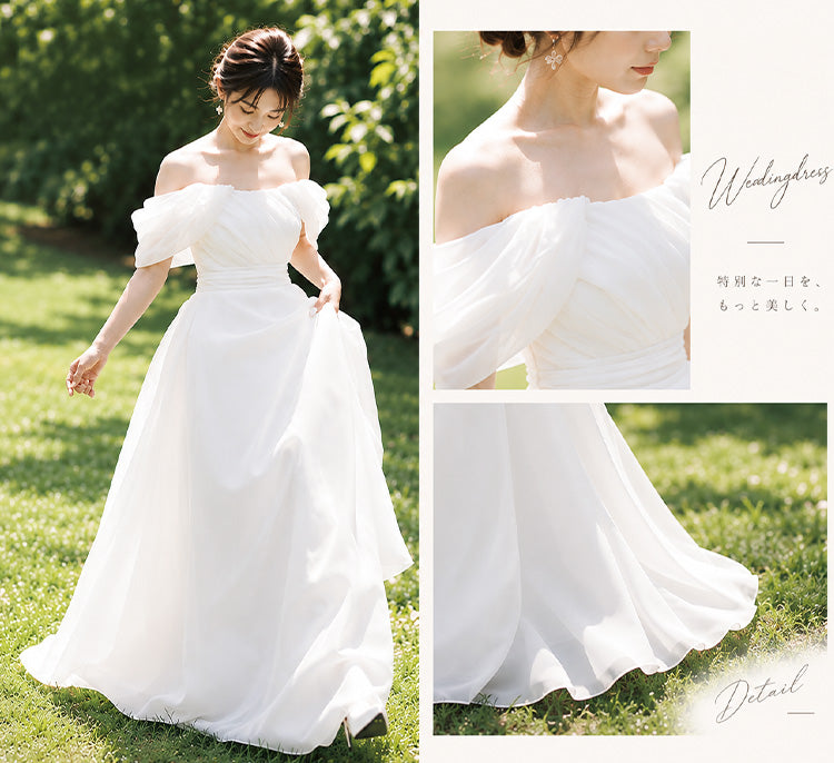 【wd750jx】オフショルダー胸元ドレープボリュームスリーブドレス　Aライン