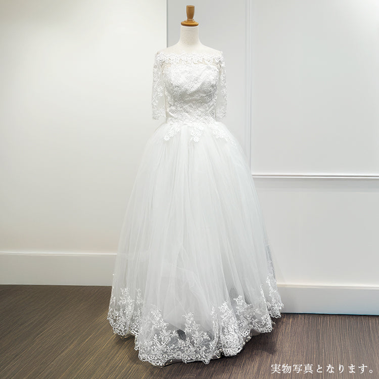 【wd77】七分袖オフショルスカラップレースプリンセスドレス　プリンセスライン