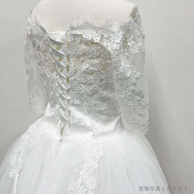 【wd77】七分袖オフショルスカラップレースプリンセスドレス　プリンセスライン