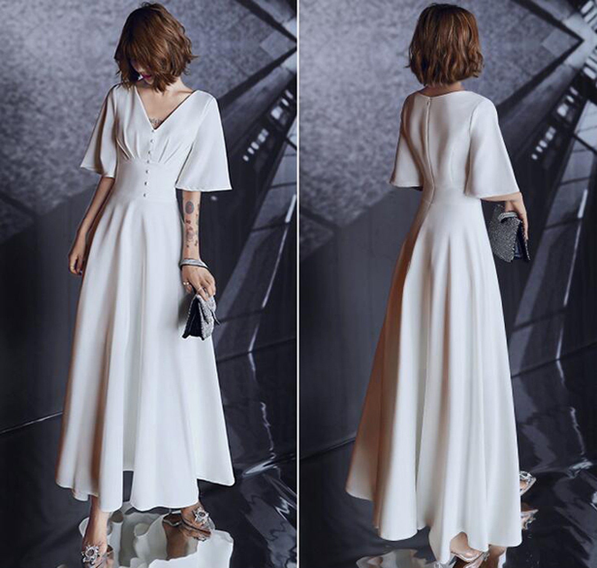 【wd420ls】Vネックくるみボタンフレアワンピースドレス　スレンダーライン