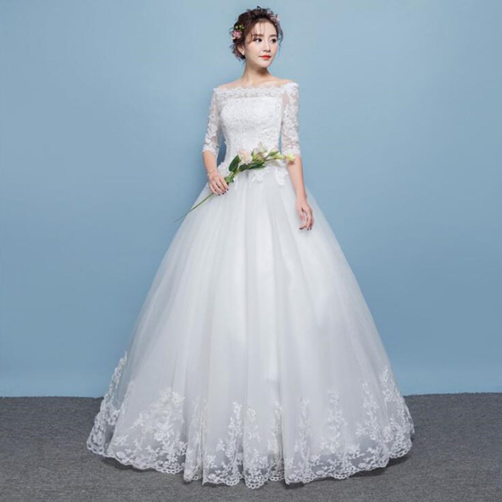 【wd77】七分袖オフショルスカラップレースプリンセスドレス　プリンセスライン