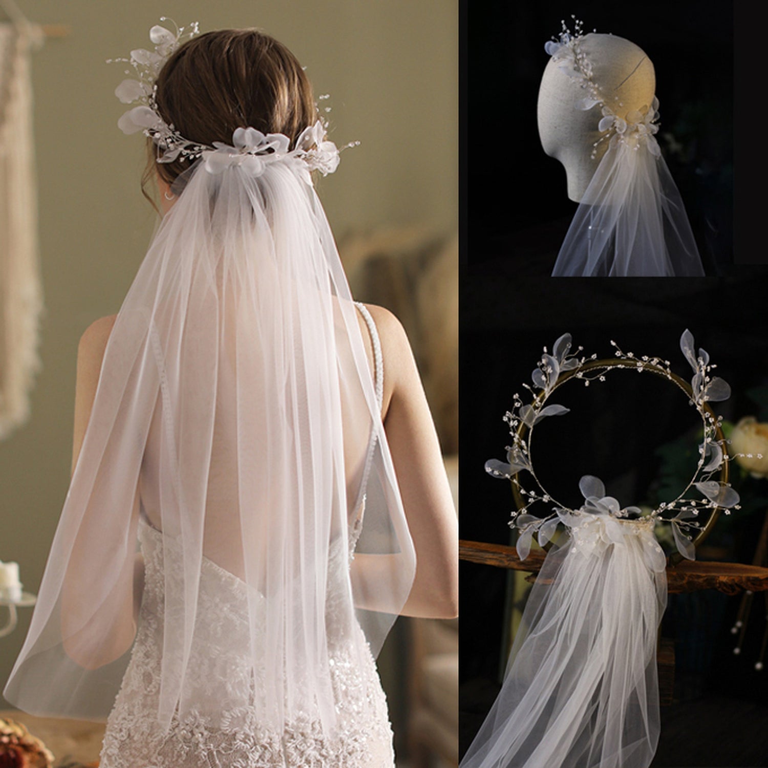 【ts200jd】【髪飾り付きのミドルベール】結婚式 ベール 1層 ウェディングベール Wedding Veil ウエディングベール 髪飾り レース【ベールの丈は約56cm】