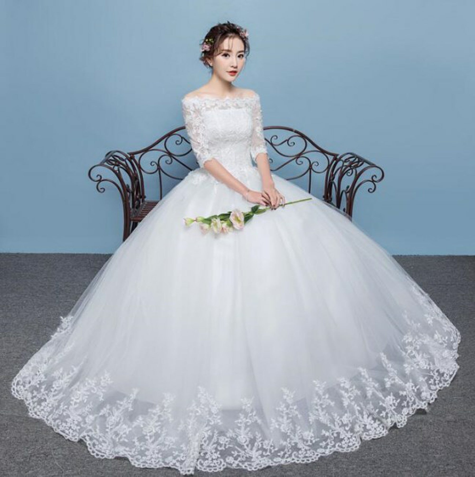 【wd77】七分袖オフショルスカラップレースプリンセスドレス　プリンセスライン