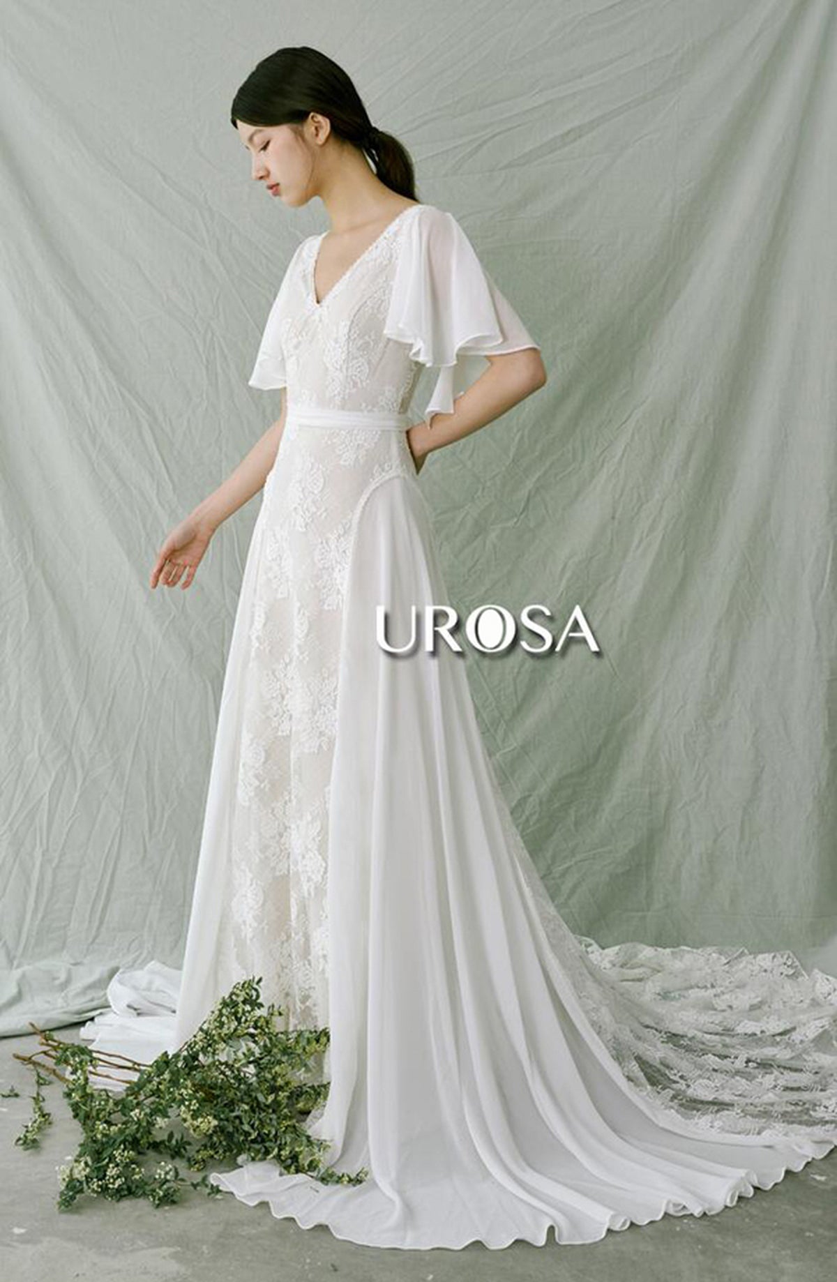 【ur7】フレアスリーブサイドシフォンスカートドレス　スレンダーライン