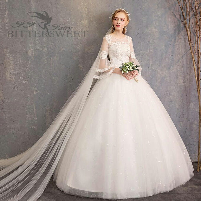 【wd200d】ウェディングドレス ウエディングドレス Wedding Dress【オーダーメイド可能になりました♥】 ドレス 白 Aライン  二次会ドレス 花嫁ドレス 二次会 ロングドレス フレア袖あり 床付き ロング 編み上げ 前撮り 後撮り 披露宴 結婚式 海外挙式【S～XXL】