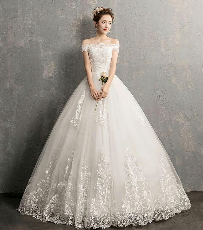 wd396af】ウェディングドレス Wedding Dress オフショルダー ウエディングドレス 床付き Aライン ドレス キャミ 花嫁 –  B'sweet