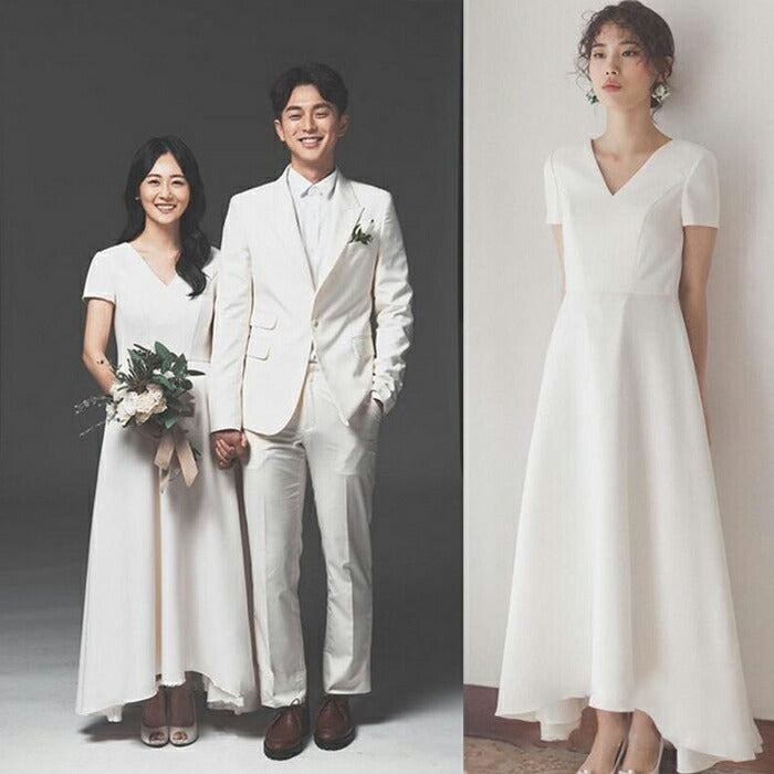 【wd479ls】 ウエディング ドレス ウェディングドレス wedding dress レディースドレス Vネック ミニトレーン付き 袖あり High-Low スレンダーライン ファスナータイプ オーダーメイド可能 前撮り 後撮り 披露宴 結婚式 演奏会 発表会 海外挙式ドレス【XS-XL】