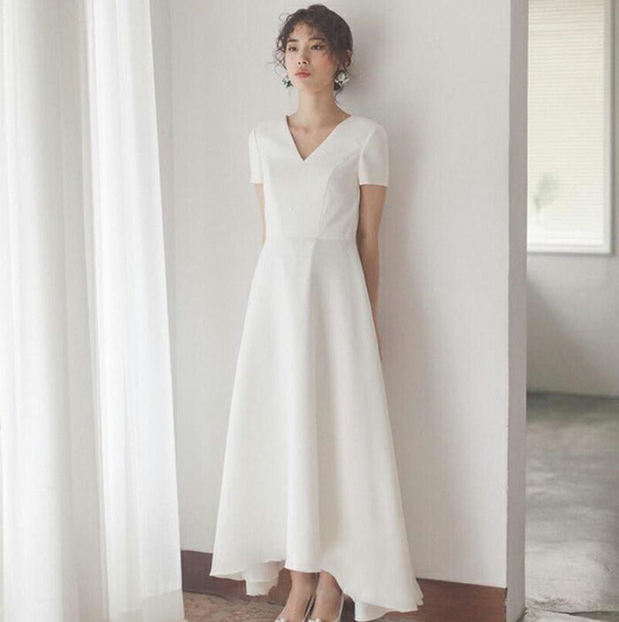 【wd479ls】 ウエディング ドレス ウェディングドレス wedding dress レディースドレス Vネック ミニトレーン付き 袖あり High-Low スレンダーライン ファスナータイプ オーダーメイド可能 前撮り 後撮り 披露宴 結婚式 演奏会 発表会 海外挙式ドレス【XS-XL】