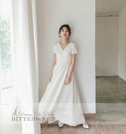 【wd479ls】 ウエディング ドレス ウェディングドレス wedding dress レディースドレス Vネック ミニトレーン付き 袖あり High-Low スレンダーライン ファスナータイプ オーダーメイド可能 前撮り 後撮り 披露宴 結婚式 演奏会 発表会 海外挙式ドレス【XS-XL】