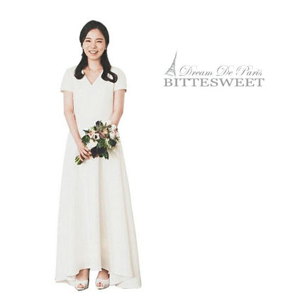 【wd479ls】 ウエディング ドレス ウェディングドレス wedding dress レディースドレス Vネック ミニトレーン付き 袖あり High-Low スレンダーライン ファスナータイプ オーダーメイド可能 前撮り 後撮り 披露宴 結婚式 演奏会 発表会 海外挙式ドレス【XS-XL】